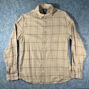 H&M Men's Large Shirt Regular Fit Tan Beige Black White Windowpane Grid Plaid